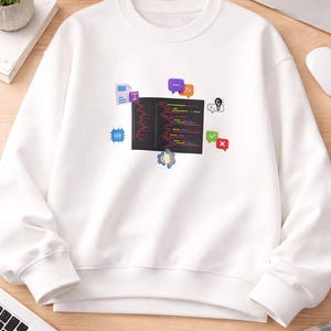 May include: White sweatshirt with a graphic of a coding interface and programming symbols. The design includes code snippets, speech bubbles, and other icons. The sweatshirt is made of a soft material.