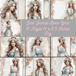 15 Junk Journal/ Boho girls/ Digital paper/ Scrapbooking/ Commercial Use