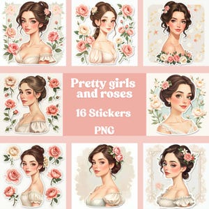 Stickers, roses, beautiful girl, close-ups, PNG