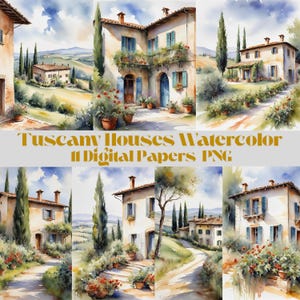 11 Tuscany houses, Tuscany landscape, digital paper, watercolor, png