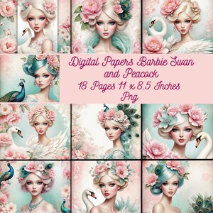 18 digital paper, shabby chic, barbie digital paper, barbie digital paper, swan, peacock