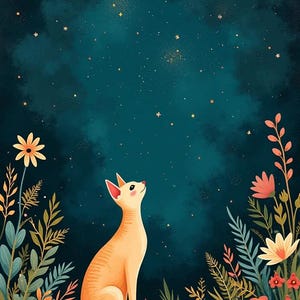 Himmlische Katze Wall Art Set – Verträumte Poster mit Mond, Sternen & Blumenmagie | Druckbare Katzen Grafik für skurrile Dekoration
