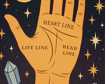 May include: Illustration of a palm with the words "Heart Line", "Life Line", and "Head Line" on it. The background is dark blue with gold stars and a crescent moon. Two blue crystals are also present.