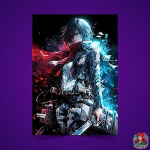 Könnte beinhalten: Anime-Illustration eines Charakters mit kurzen dunklen Haaren, blauen Augen und einem roten Schal. Die Figur trägt eine schwarze Jacke, ein weißes Hemd und eine graue Hose. Der Hintergrund ist mit roten und blauen Lichteffekten geteilt. Das Bild befindet sich auf einem lila Hintergrund.