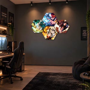May include: A set of four hexagonal wall art panels featuring vibrant anime character illustrations. The artwork displays dynamic scenes with characters using elemental powers in shades of blue, green, orange, and red, arranged in a cluster.