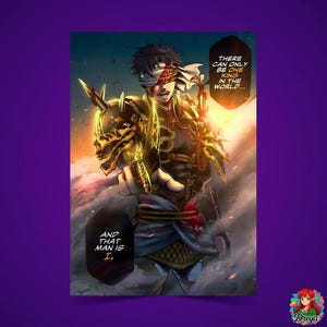 Puede incluir: Ilustración vibrante de un personaje de anime o manga. El personaje sostiene una máscara dorada y una espada, con bocadillos de texto que dicen "THERE CAN ONLY BE ONE KING IN THE WORLD..." y "AND THAT MAN IS I."