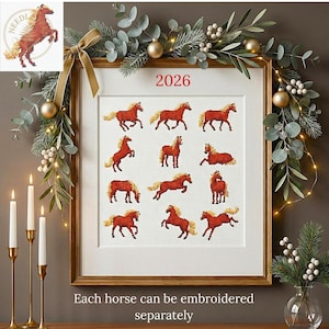 May include: A framed cross-stitch design with multiple red and gold horses in different stances. The gold frame surrounds the artwork, with the year "2026" in red at the top. The text "Each horse can be embroidered separately" is at the bottom.
