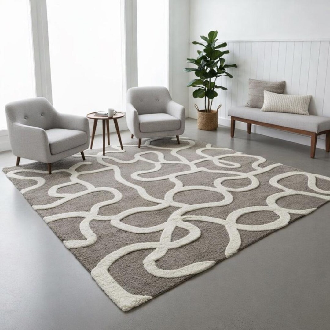 Hand Tufted Abstract Area Rug, Grey & Ivory Wavy Design for Living Room ...