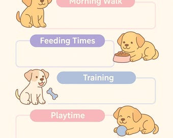 May include: A light beige poster titled "My Dog's Daily Routine" with illustrations of cartoon dogs. The poster outlines a dog's daily schedule, including morning walk, feeding times, training, playtime, and evening routine.