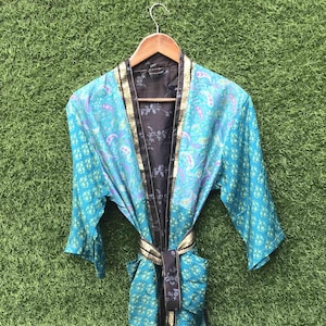 Kimono Boho Art Silk Patchwork Long Open Front Robe, Loungewear Handmade Duster, Beach Cover Up,  Recycled Silk Clothing Gifts