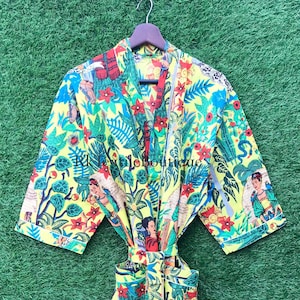 Reine Baumwolle Fridaprint Haus Robe Sommer Kimono, Floral Strand Vertuschen, Brautjungfer Robe, Sommer Nachtwäsche Bademantel Beachwear Frauen Geschenk