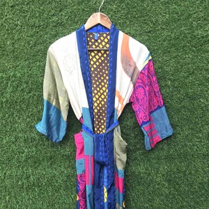 Vintage Silk Long Kimono, Belted Loungewear Robe, Kimono Boho Silk Patchwork Robe, Festival Wear Robe, Recycled Sari Clothing Gift