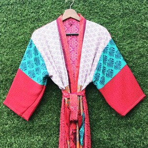 Recycled Silk Patchwork Kimono Robe, Bohemian Bell Sleeve Dress, Unisex Loungewear