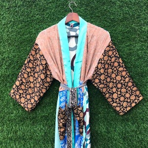 Vintage Recycled Silk Kimono Robe, Patchwork Boho Loungewear Robe, Dressing Gown, Bohemian Dressing Gown, Gift for Her
