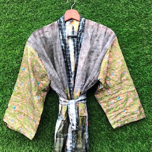 Hand Dyed Silk Kimono Robe, Hous Coat, Duster Wrap Tie Beach Cover Up, Colorful Sari Style Robe, Japanese Robe