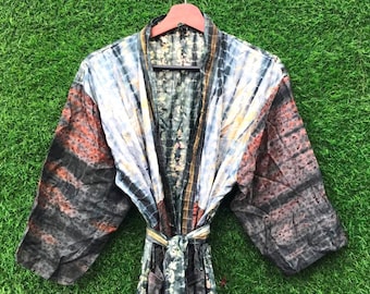 Hand Dyed Silk Kimono Robe. Indian Tie Dye Beach Cover Up, Beach Cover Up, Handmade Silk Tie Dye Kimono