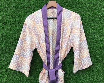 Silk Kimono Robe, Upcycled Sari,  Long SIlk Kimono Robe, Beach Wear Robe, Bridesmaid Robe, Flora Print Kimono Bathrobe