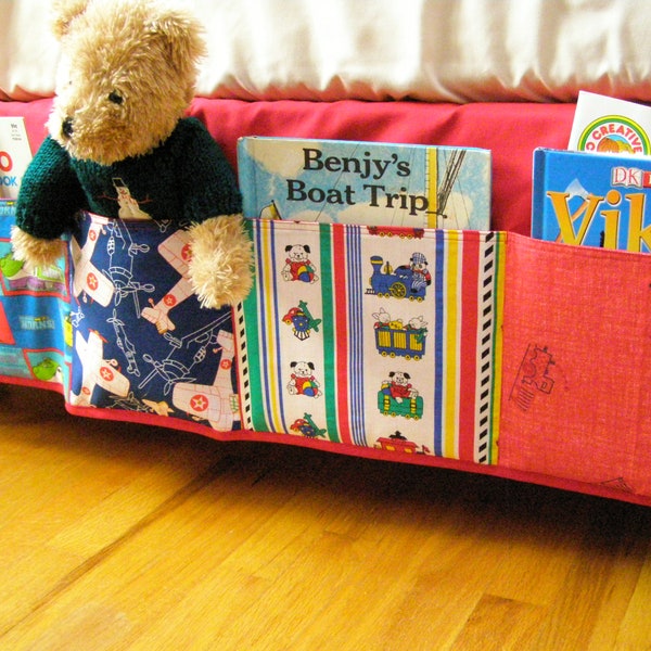 Child's Bed Caddy 4 pockets Trains & Airplanes red