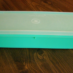 May include: A rectangular, mint green storage container with a translucent, light green lid. The lid features the embossed text Tupperware and a central circular design. The container has a smooth, solid-colored base and a secure, fitted lid.