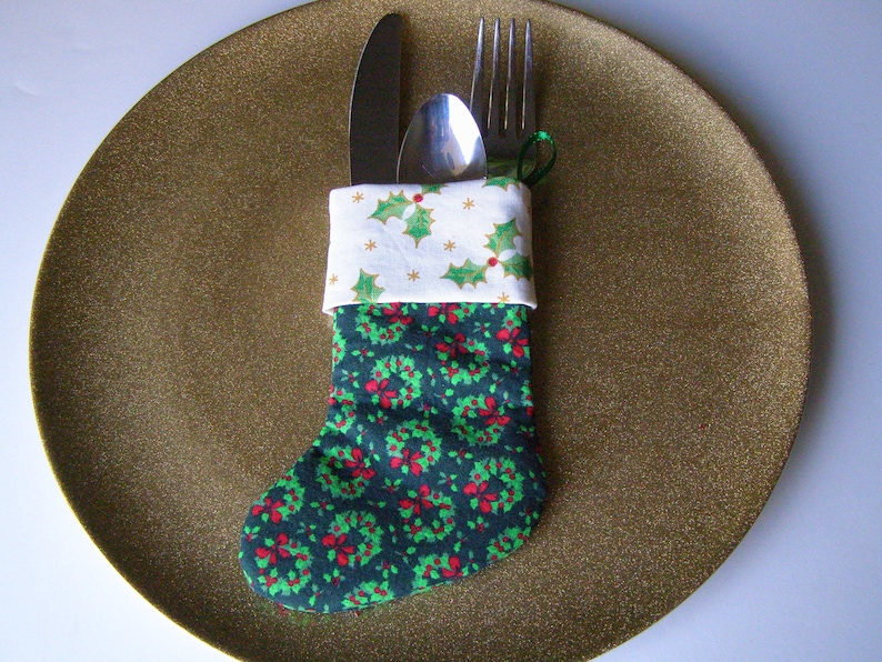 Christmas Utensil Holder Mini Stocking Set of 2 Green Wreath & Etsy UK