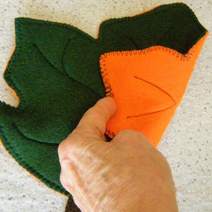 Può includere: Una foglia di feltro verde con una forma di zucca di feltro arancione cucita all'interno. La forma della zucca viene sollevata per rivelare la foglia di feltro verde sottostante.