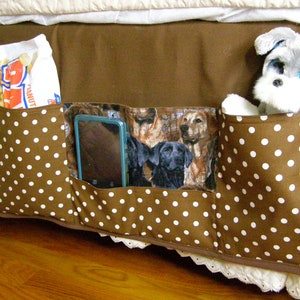 Bedside Caddy 5 pocket dogs brown polka dot Dorm Bed Storage