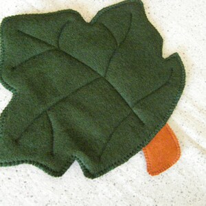 Puede incluir: Una hoja de fieltro verde con un contorno cosido y una hoja de fieltro naranja más pequeña unida a la parte inferior.