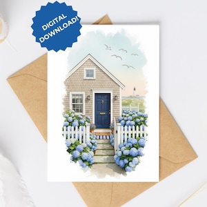 Cartão Digital "Enviando Amor da Costa" | Aquarela Nantucket House | Cartão "Só Porque" | Cartão para Imprimir com Notas sobre a Costa