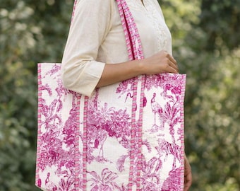Quilted Cotton Toile Tote Bag: Pink Jungle Print, Handmade Shoulder Bag
