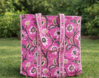 Quilted Cotton Tote Bag Pink Floral Print Shoulder Bag