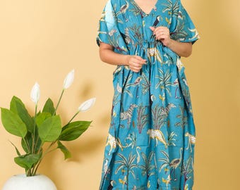Blue Wildlife Cotton Kaftan Dress, Turquoise Jungle Print Cotton Kaftan Maxi Dress | Bohemian Beach Cover Up