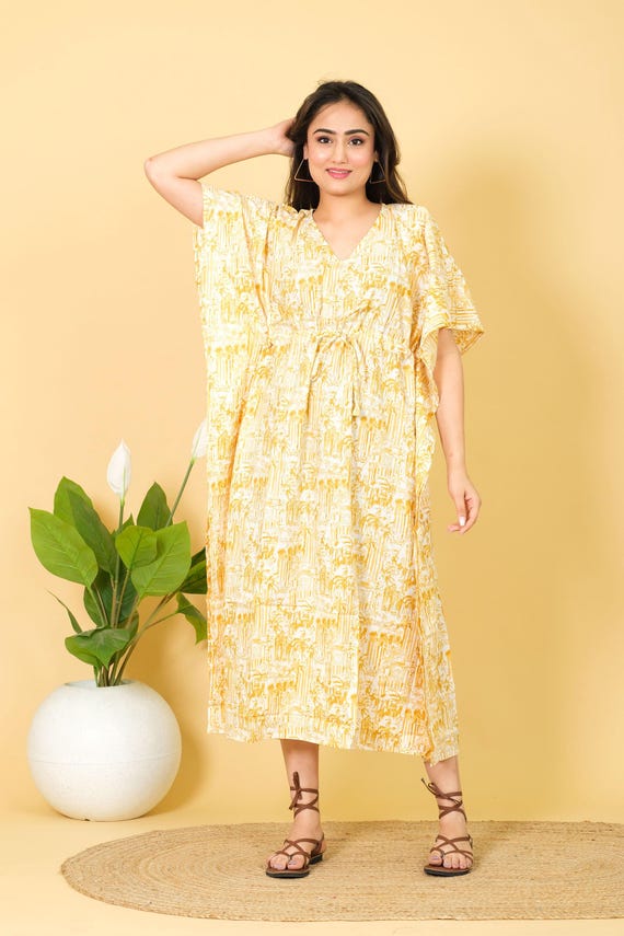 kaftan cotton dress maxi Magic Bedding 100% Cotton Kaftan, Long Flowing Dress, Ideal for Beach, Lounge, Sleepwear Coverup for Vacation or Home Long V-Neck Maxi Dress, Boho
