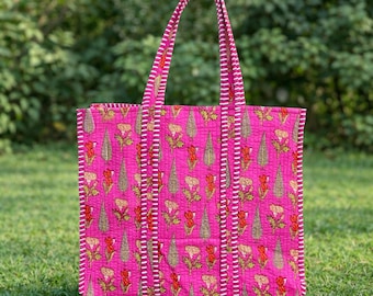 Pink Floral Quilted Cotton Tote Bag with Inside Pocket