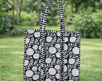 Black White Floral Quilted Tote Bag, Botanical Print Cotton Shopping Bag, Reusable Everyday