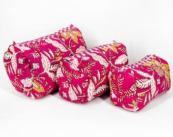 Quilted Cotton Makeup Pouch Set, Pink Floral Leaf Print Cosmetic Bag, Handmade Travel Organizer, Zipper Toiletry Pouch, Boho Gift