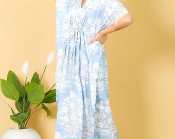 Sky Blue Floral Cotton Kaftan Dress, Boho Maxi Lounge Cover-Up