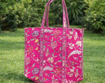 Quilted Cotton Tote Bag Floral Print Pink Shoulder Bag