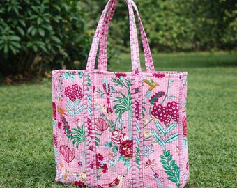 Quilted Cotton Tote Bag Pink Floral Print Shoulder Bag