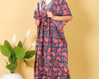 Navy Blue Floral Cotton Kaftan Maxi Dress, Boho Beach Cover-up, Adjustable Tie Waist