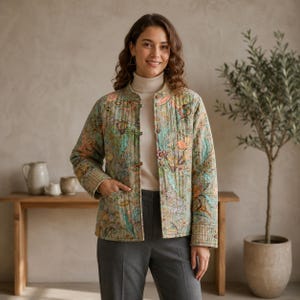 May include: A quilted jacket with a floral pattern in shades of green, orange, and blue. The jacket has a mandarin collar and is buttoned with wooden toggles. The model is wearing a white turtleneck and gray pants.