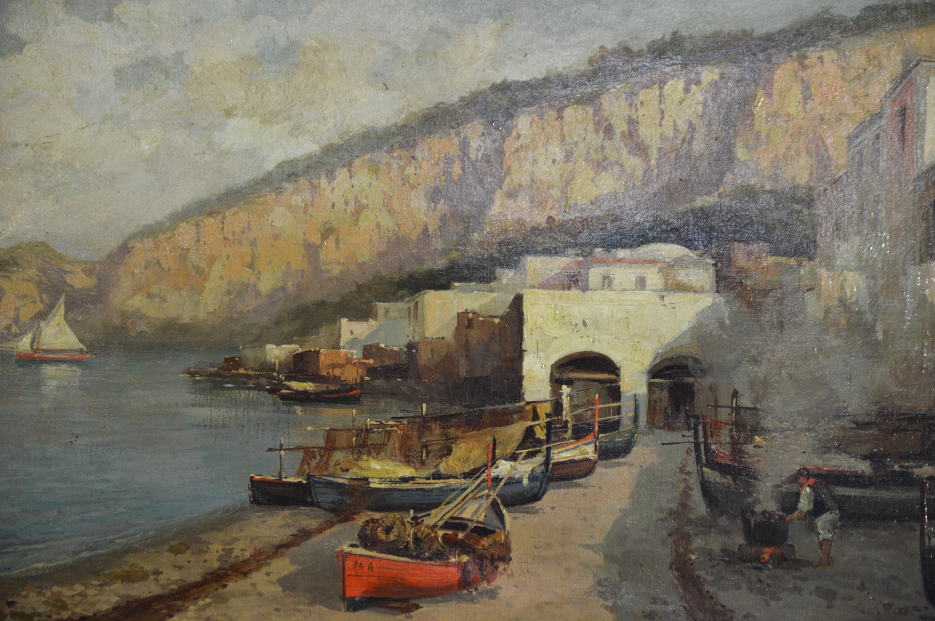 1926 Italian Coastal Oil Painting by Vincenzo Canino Vintage