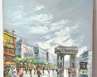 May include: Oil painting of a Parisian street scene with the Arc de Triomphe. The artwork features a cloudy sky and reflections on a wet street. Buildings are painted in shades of yellow, brown, and blue. Figures with umbrellas and walking are visible.