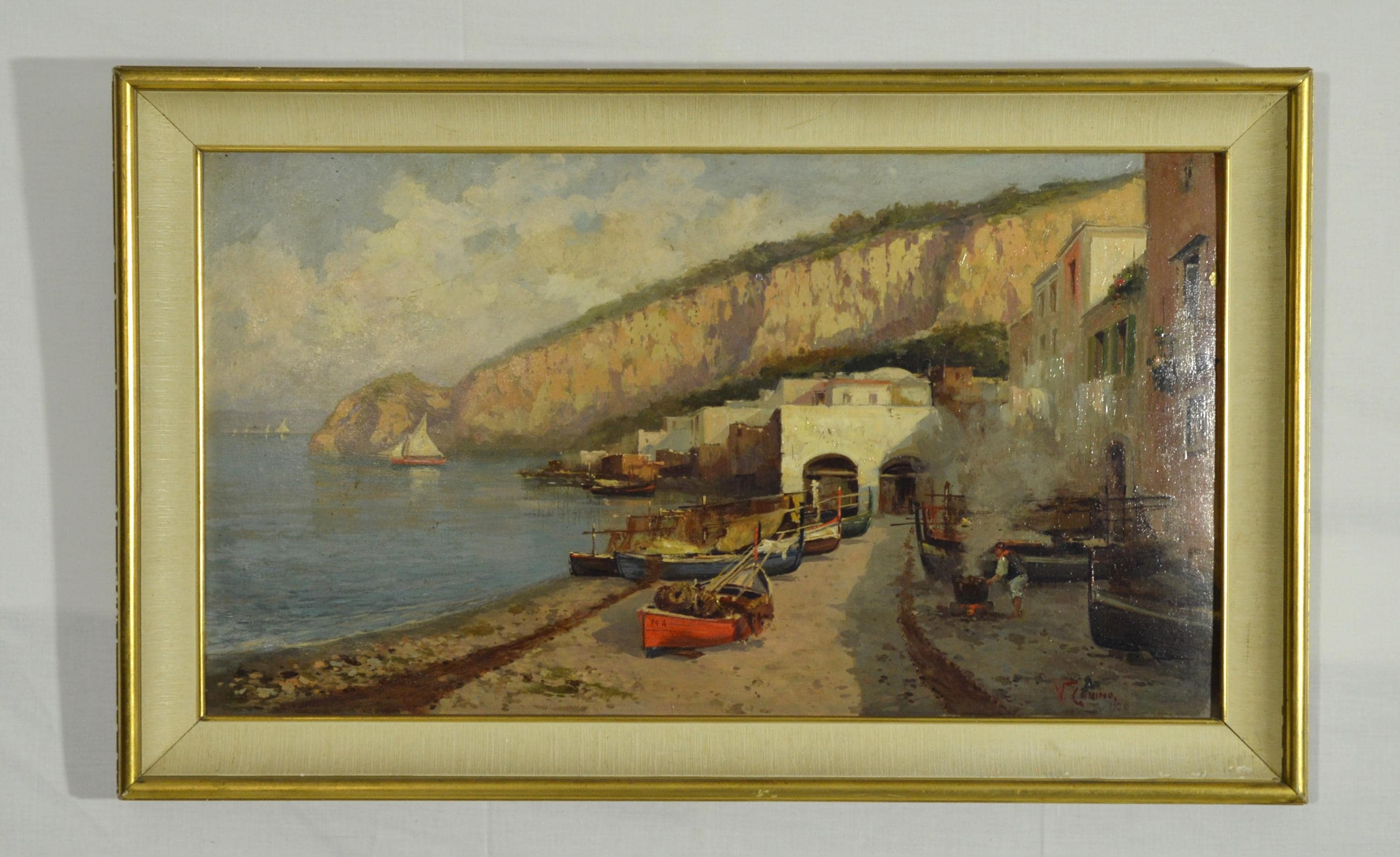 1926 Italian Coastal Oil Painting by Vincenzo Canino Vintage