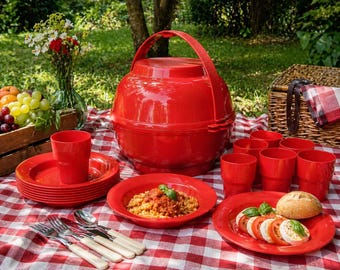 Juego de picnic de plástico rojo con diseño vintage de los años 70 – 18 piezas – Juego de almuerzo para acampar