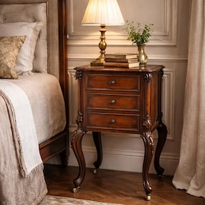 May include: A mahogany nightstand with three drawers, decorative carvings, and curved legs. A brass lamp with a cream shade sits on top, alongside books and a small vase. The nightstand is beside a bed with a buttoned headboard.