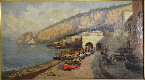 1926 Italian Coastal Oil Painting by Vincenzo Canino Vintage