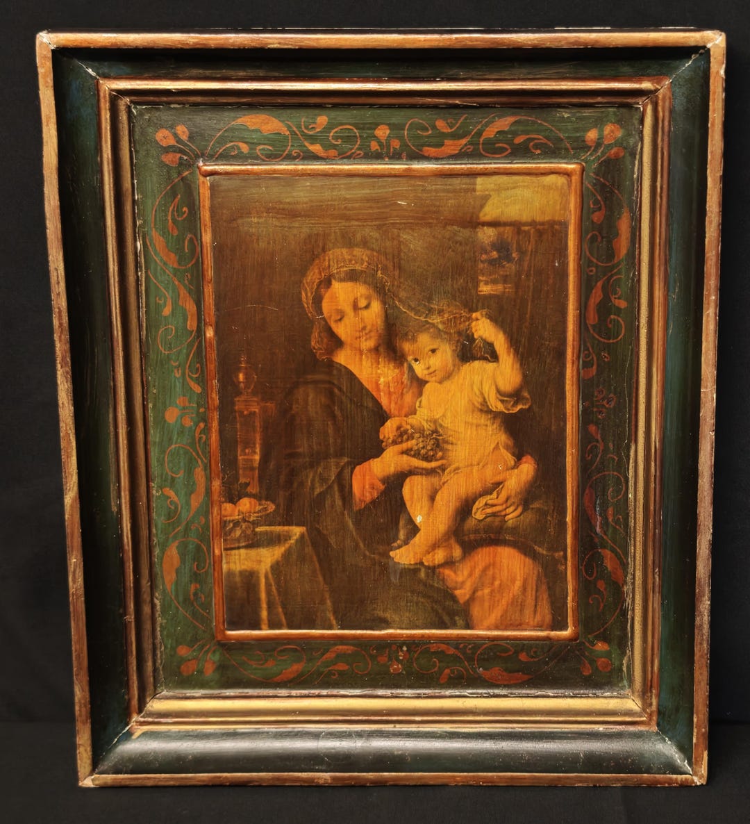 Antique Woodcut Print of the Madonna Del Grappolo, Grapes – With Child ...