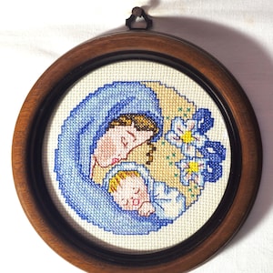 Framed cross stitch embroidery – Madonna and Child Jesus – Religious sacred art, vintage Catholic wall decor