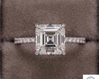 Obrączka ślubna z moissanitem Asscher o masie 1,51 karata | Pierścionek zaręczynowy z litego złota 10K z oprawą typu Pave Solitaire