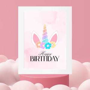 Biglietto di auguri di buon compleanno - Biglietto digitale, corno di unicorno, carino, rosa